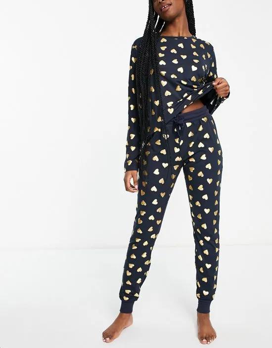 foil heart short button up pajama set in navy