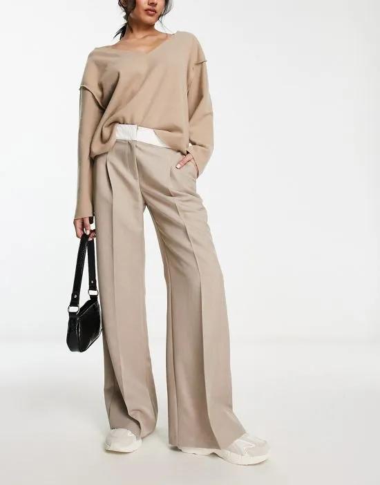 foldover waistband wide leg pants in taupe