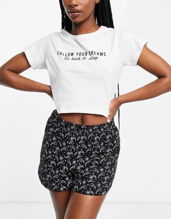 follow your dreams short pajama set in black and white