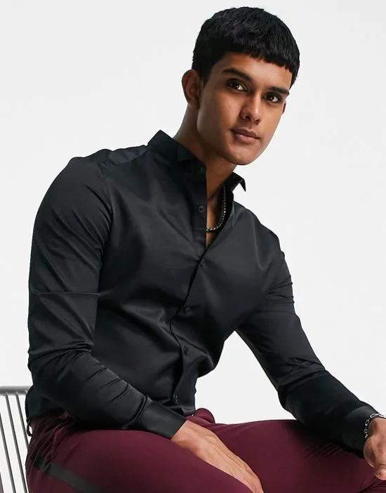 formal sateen skinny fit shirt with wing collar in black