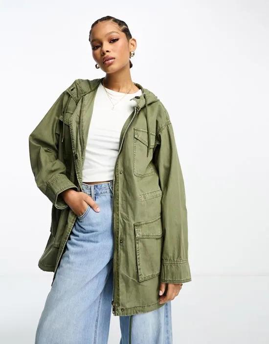 four pocket utility parka jacket in khaki
