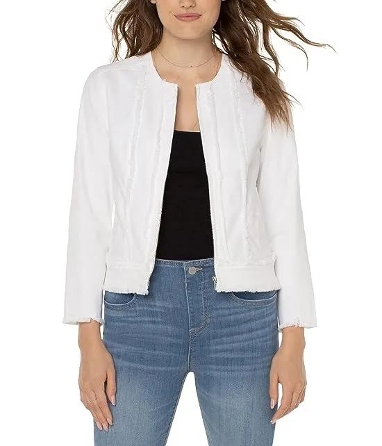 Frayed Zip Jacket with 3/4 Length Sleeves