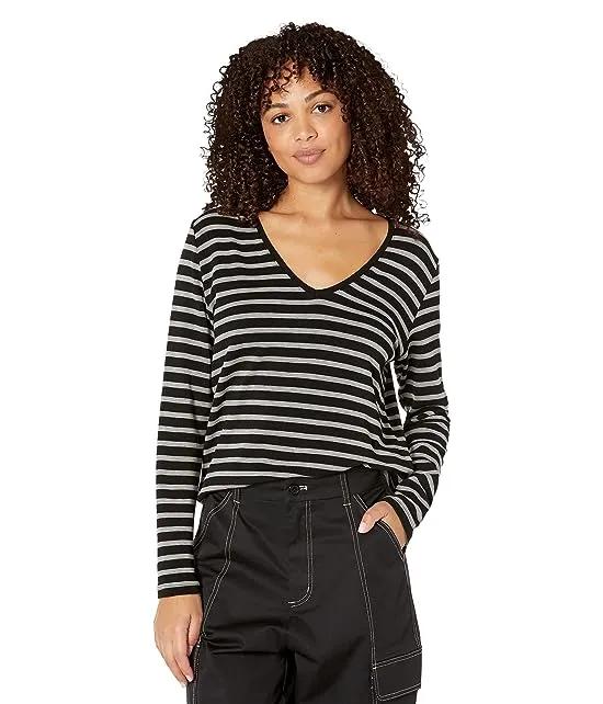 French Terry Stripe Semi Relaxed Long Sleeve V-Neck