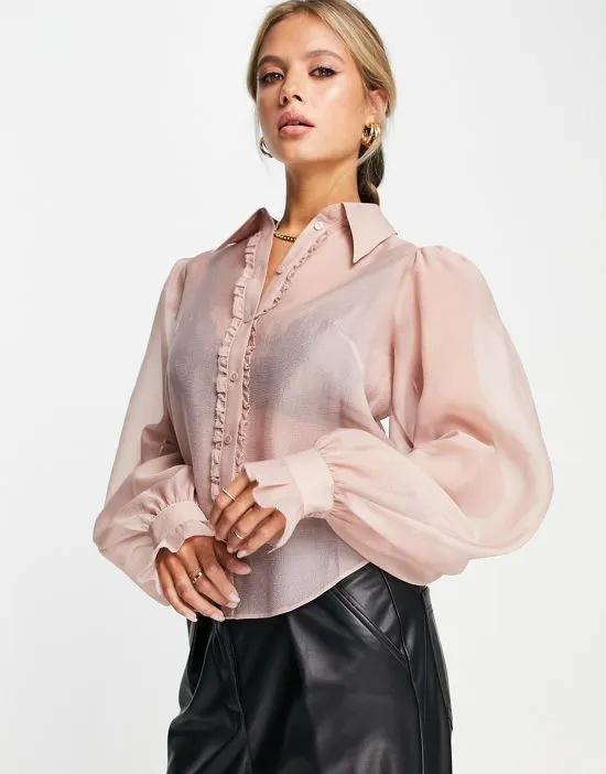frill detail blouse with volume sleeves in blush