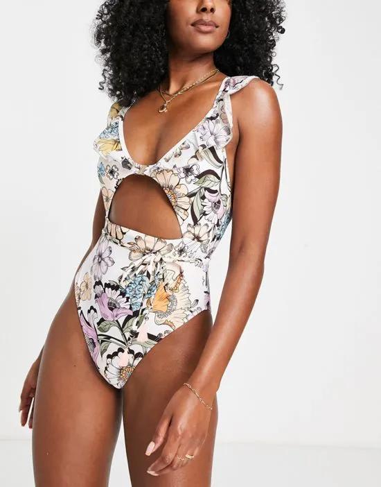 frill detail cut out floral swimsuit in white