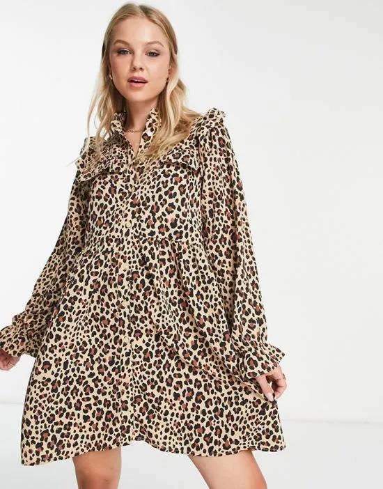 frill detail mini dress in leopard print