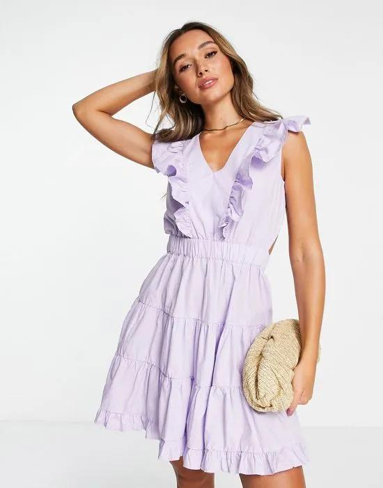 frill detail tie back mini dress in lilac
