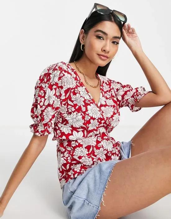 frill detail tie blouse red floral print
