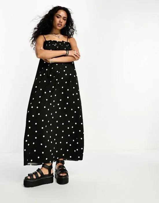 frill detail trapeze maxi cami dress in black and white spot
