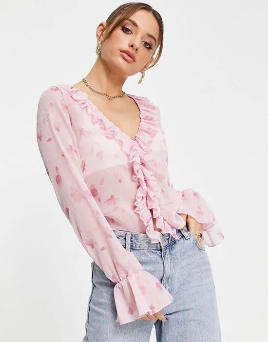 frill neck volume sleeve top with button front in pink floral
