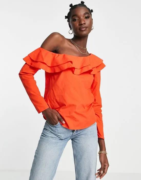 frill one shoulder blouse in red
