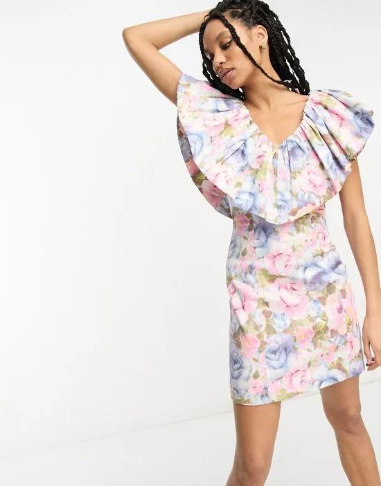 frill sleeve mini dress in floral print
