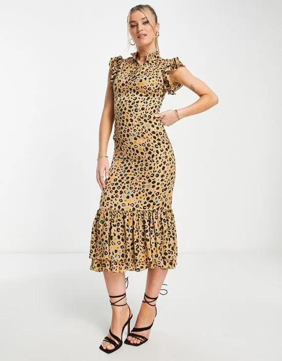 frill sleeve ruffle midaxi dress in leopard confetti