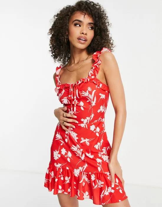 frill strap mini dress in red floral