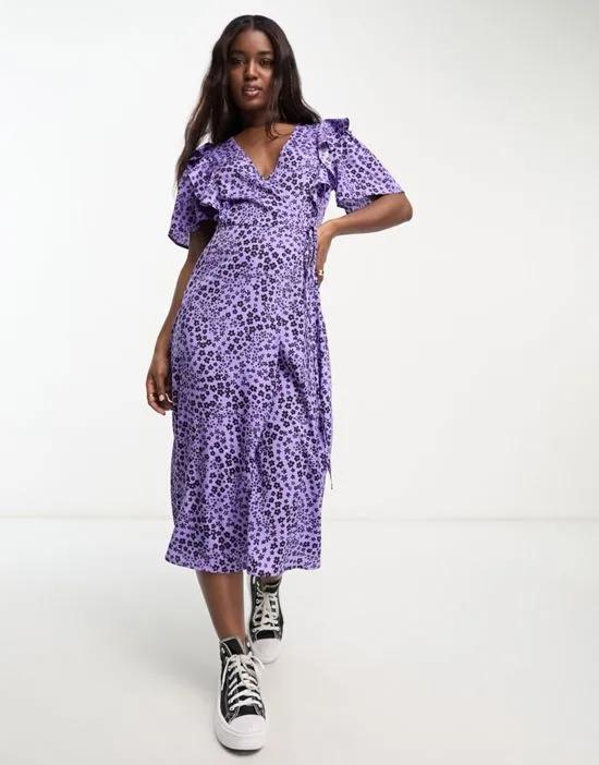 frill wrap midi dress in purple floral print