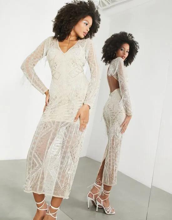 fringe bead and sequin maxi dress in cream