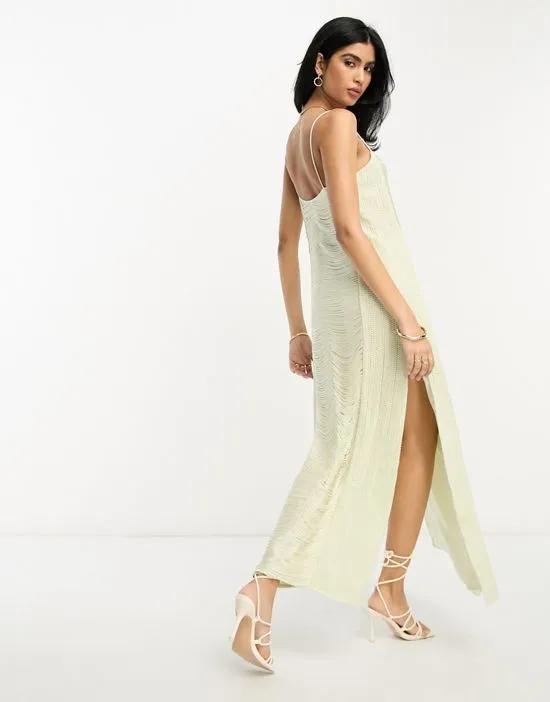 fringe crochet cami maxi dress in stone