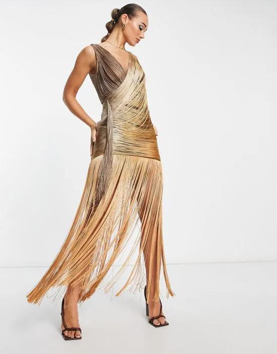 fringe drape maxi dress with ombre in gold