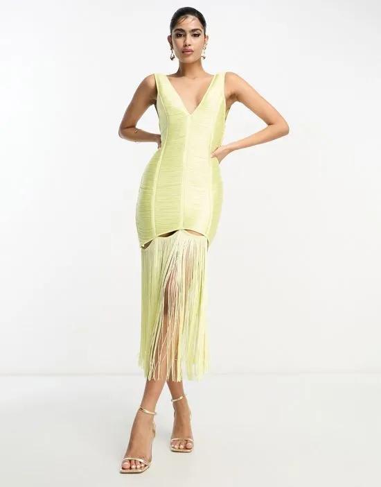 fringe shift midi dress with cut out detail in yellow