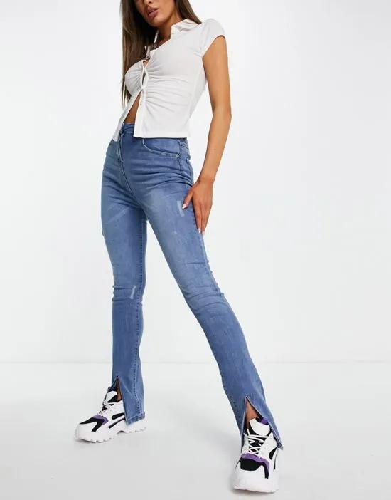 front slit flared jeans in light blue