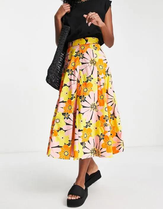 full cotton midi skirt in bright floral print