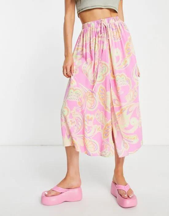 full midi skirt with elasticated waist in bright paisley print