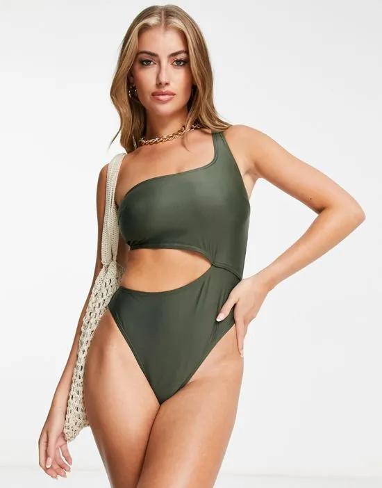 Fuller Bust Exclusive cut out one shoulder swimsuit in olive