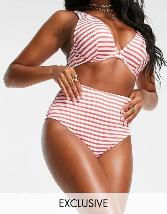 Fuller Bust Exclusive mix and match high waist bikini bottom in red textured stripe
