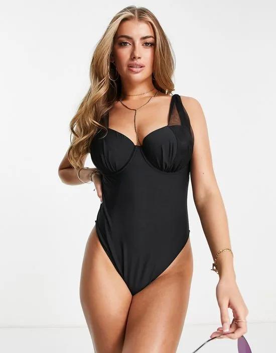 Fuller Bust Exclusive underwire swimsuit with mesh strapping detail in black