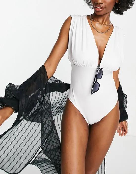 Fuller Bust gathered plunge swimsuit in white