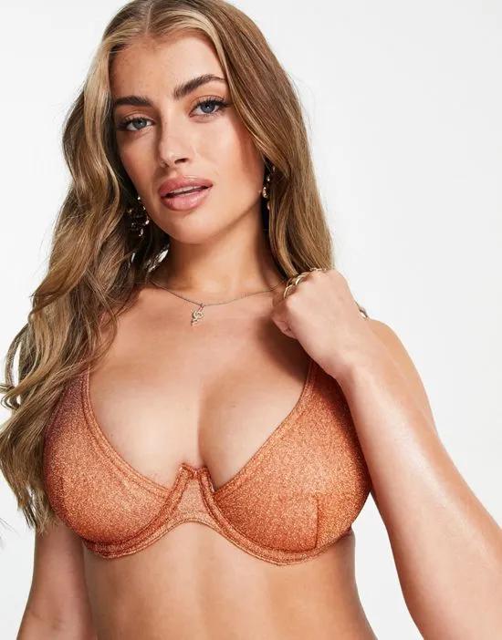 Fuller Bust mix and match step front underwire bikini top in rust glitter dd-g