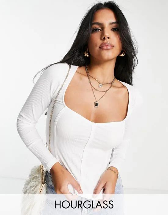 Fuller Bust rib fitted corset top with ultra wide neck in white