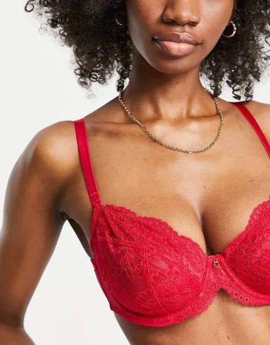 Fuller Bust Sexy Lace Planet nylon blend non padded plunge bra in red - RED