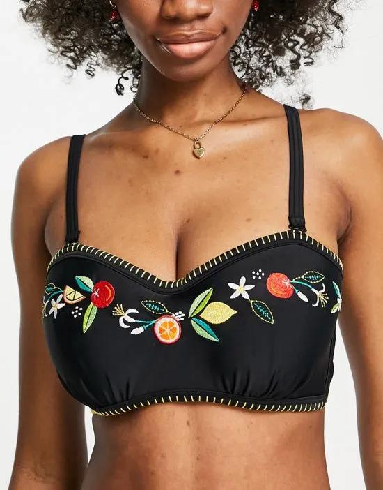 Fuller Bust strapless embroidered bikini top in black