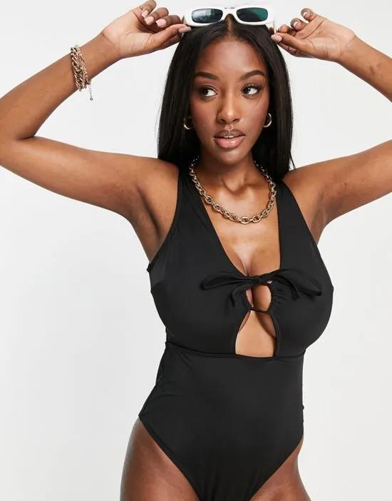Fuller Bust tie front cut out swimsuit in black
