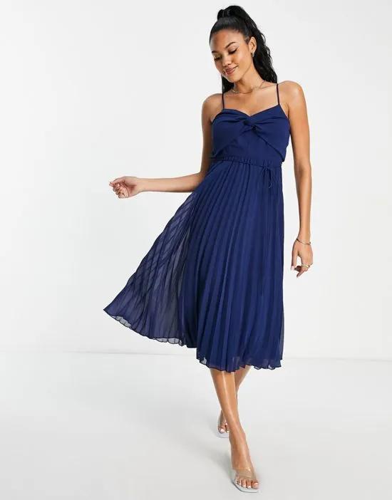 Fuller bust twist front pleated cami midi dress with belt in navy