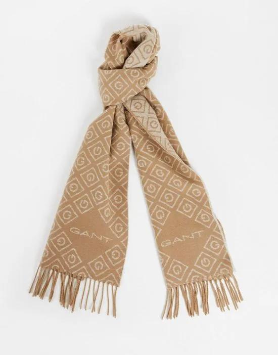 GANT wool scarf in tan with all over logo