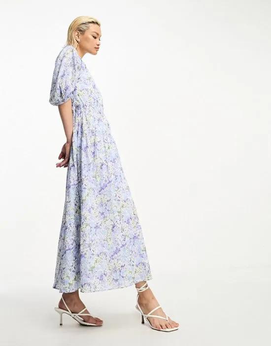gather sleeve midaxi dress in blue floral