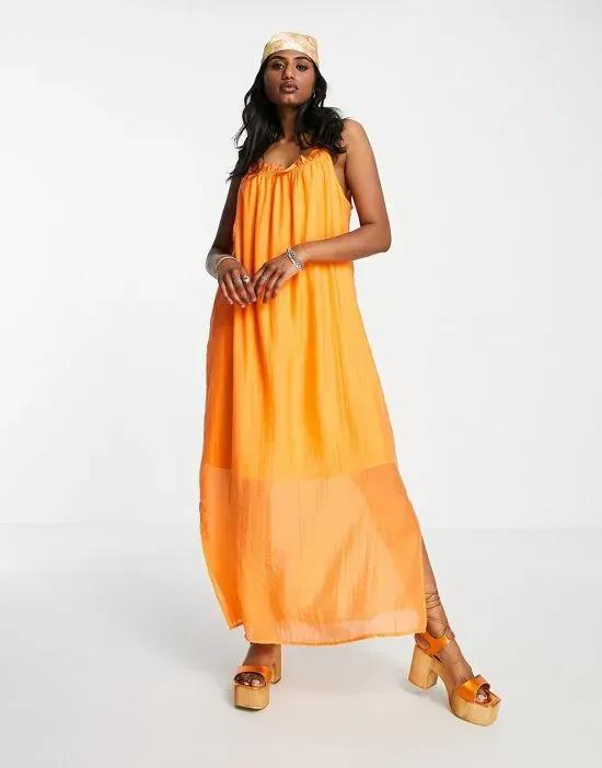 gathered detail midi cami dress in bright orange