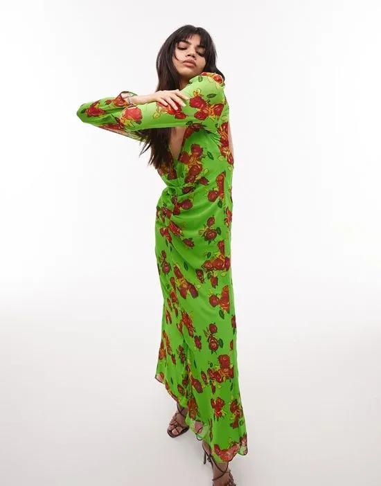 gathered floral open back long sleeve maxi dress in green