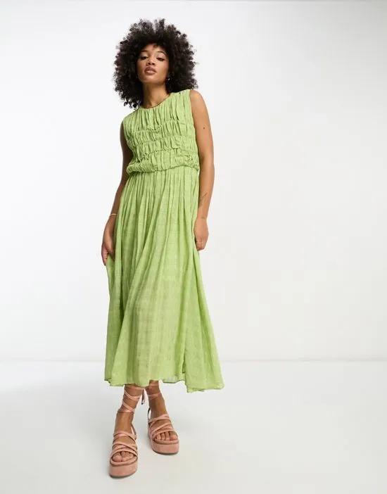 gathered textured highlow midi dress in pistachio