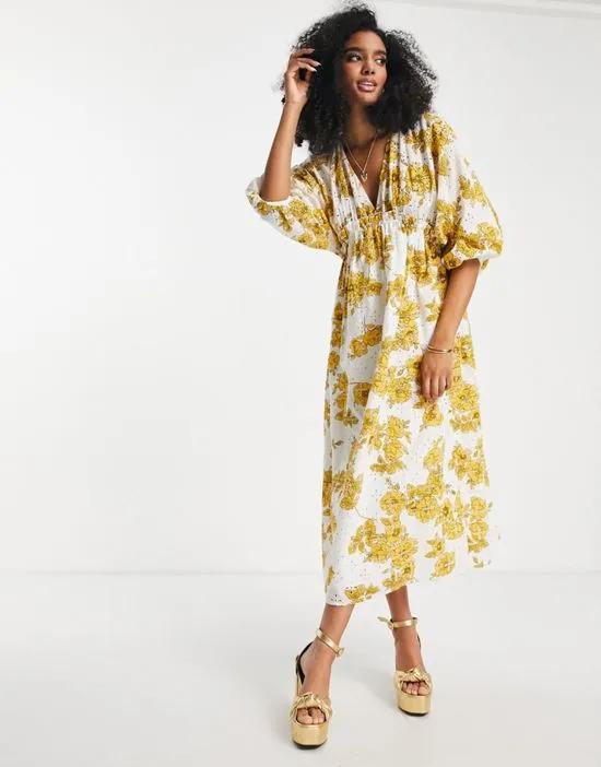 gathered waist broderie midi dress in floral print