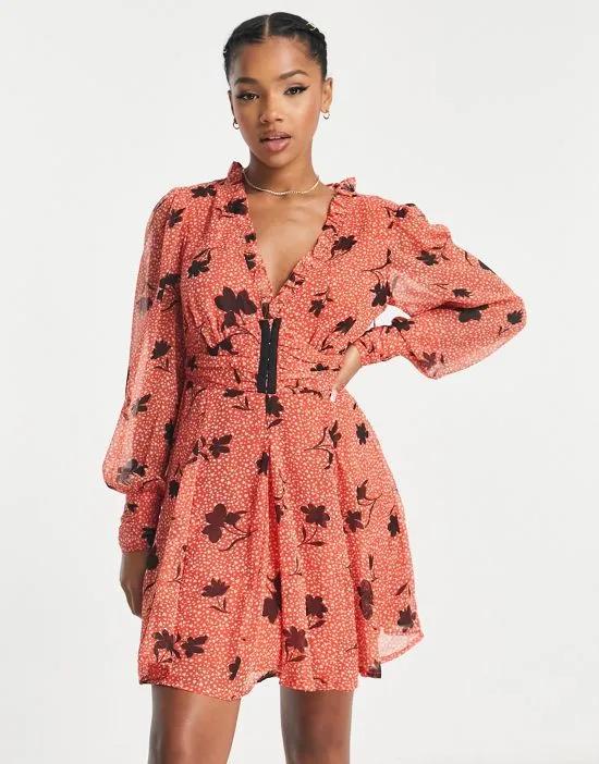 gathered waist long sleeve mini dress with frill neck and flare skirt in floral print