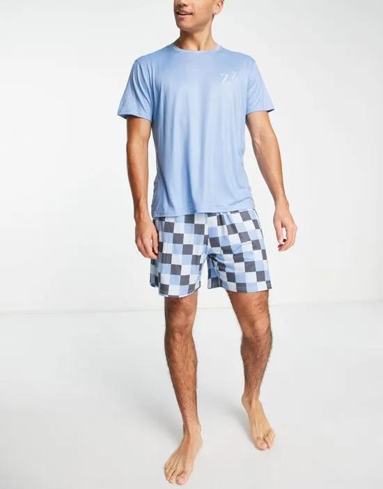 geo print short pajama set in blue