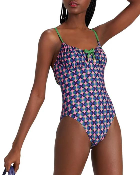 Geo Print Tie Front One Piece Swimsuit
