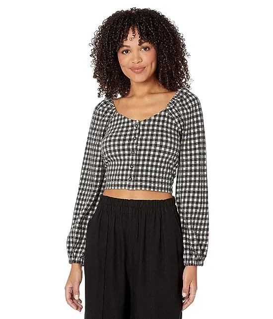 Gingham Puff Sleeve Button Front Crop Top