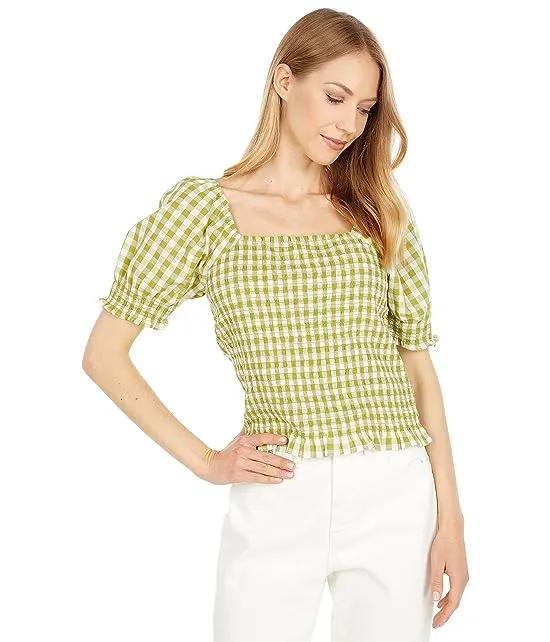 Gingham Puff-Sleeve Smocked Bodice Top