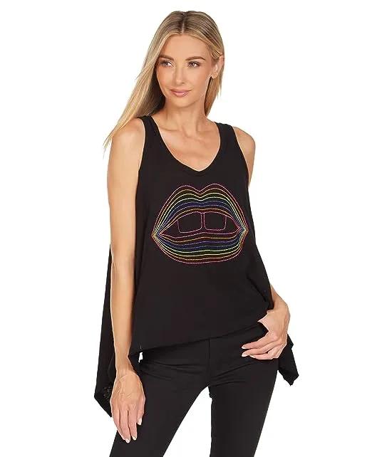 Gladys Rainbow Lip Outline Embroidered Scoop Neck Flowy Tank