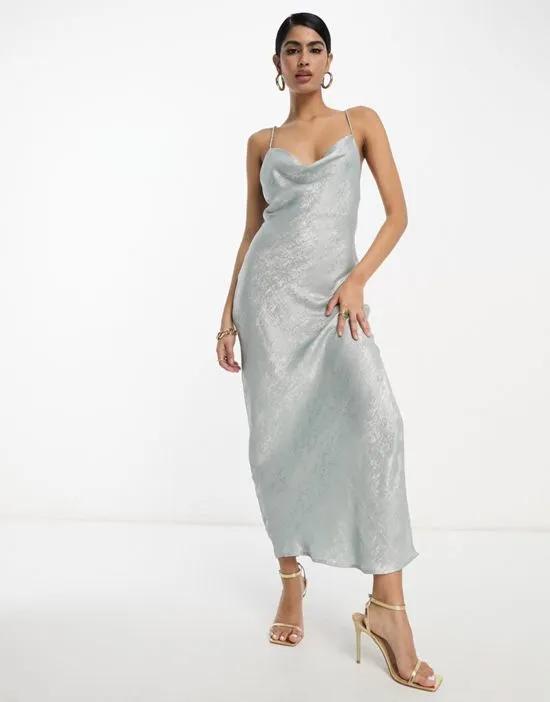 glam lace up back cami maxi dress in shimmer silver