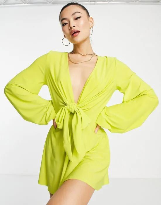 glam plunge tie front romper in slinky in chartreuse